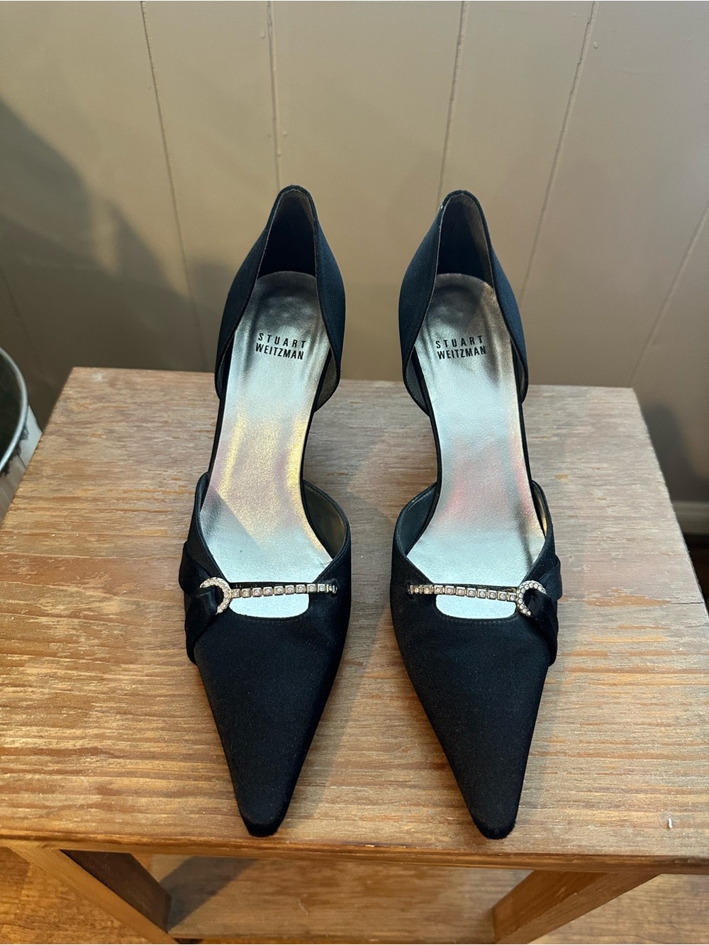 Stuart Weitzman Black Pointed Toe D'Orsay Pumps with Rhinestone Bar
